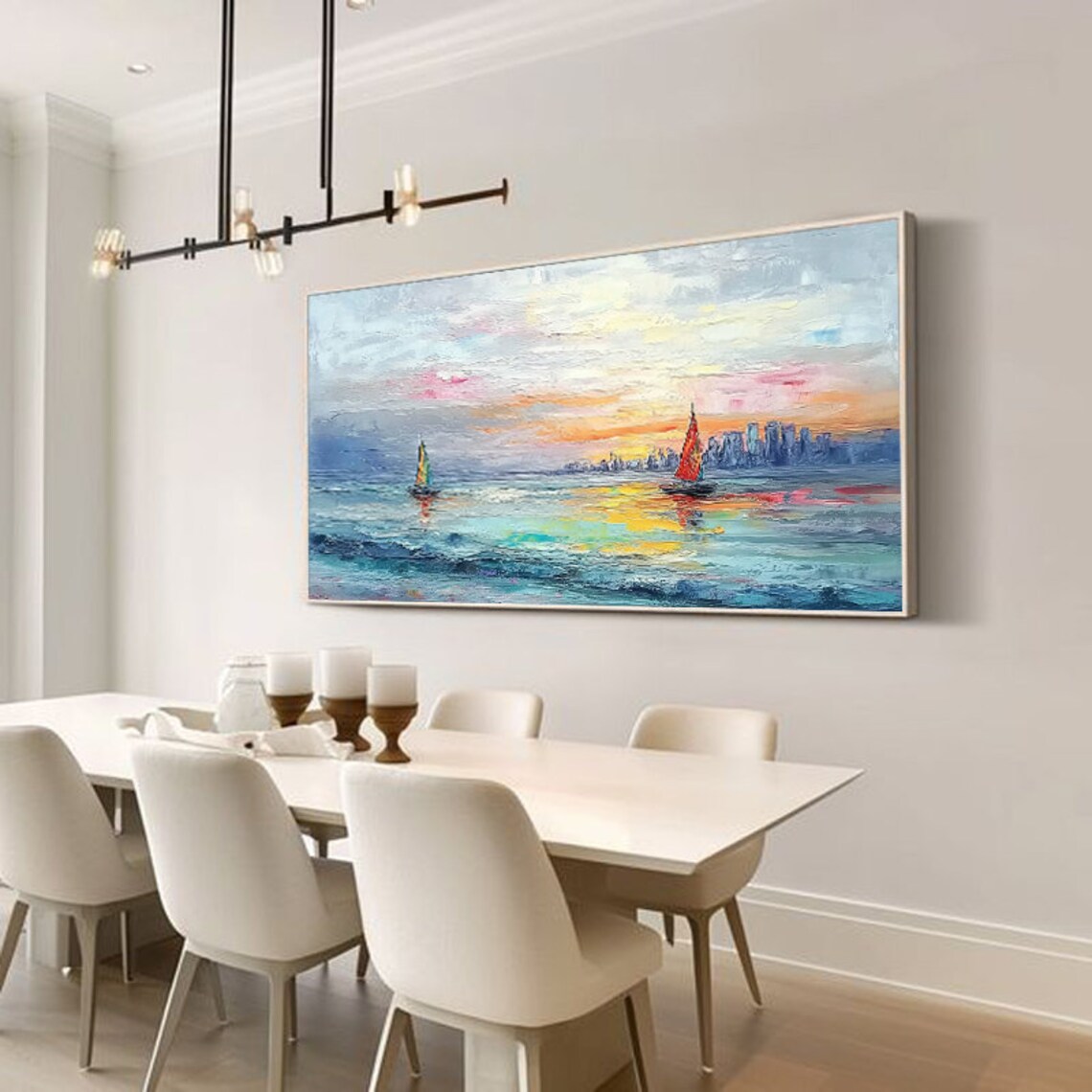 Peaceful Sunset Sailboats Drifting by a City Skyline Harbor Poster - Image 3