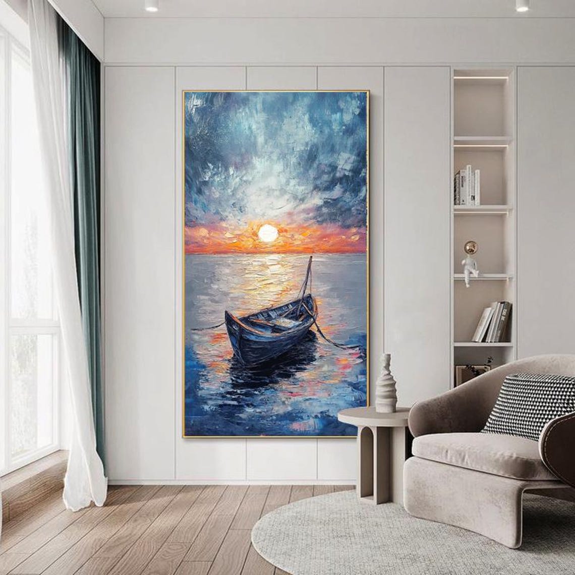 Peaceful Sunset Sailboat on Calm Blue Ocean Oil Painting Poster - Image 3