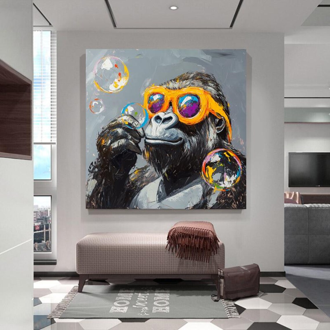 Playful Gorilla in Orange Sunglasses Blowing Shiny Bubbles Wall Art - Image 6