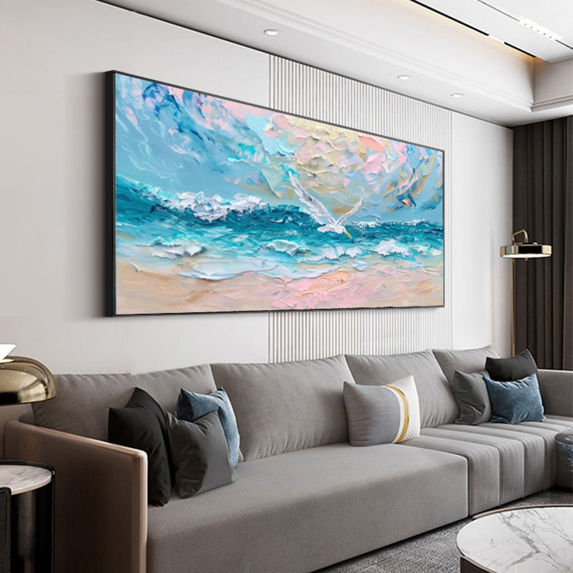 Seagull Over Ocean Waves Pastel Blue Pink Coastal Art Painting Poster - Image 3