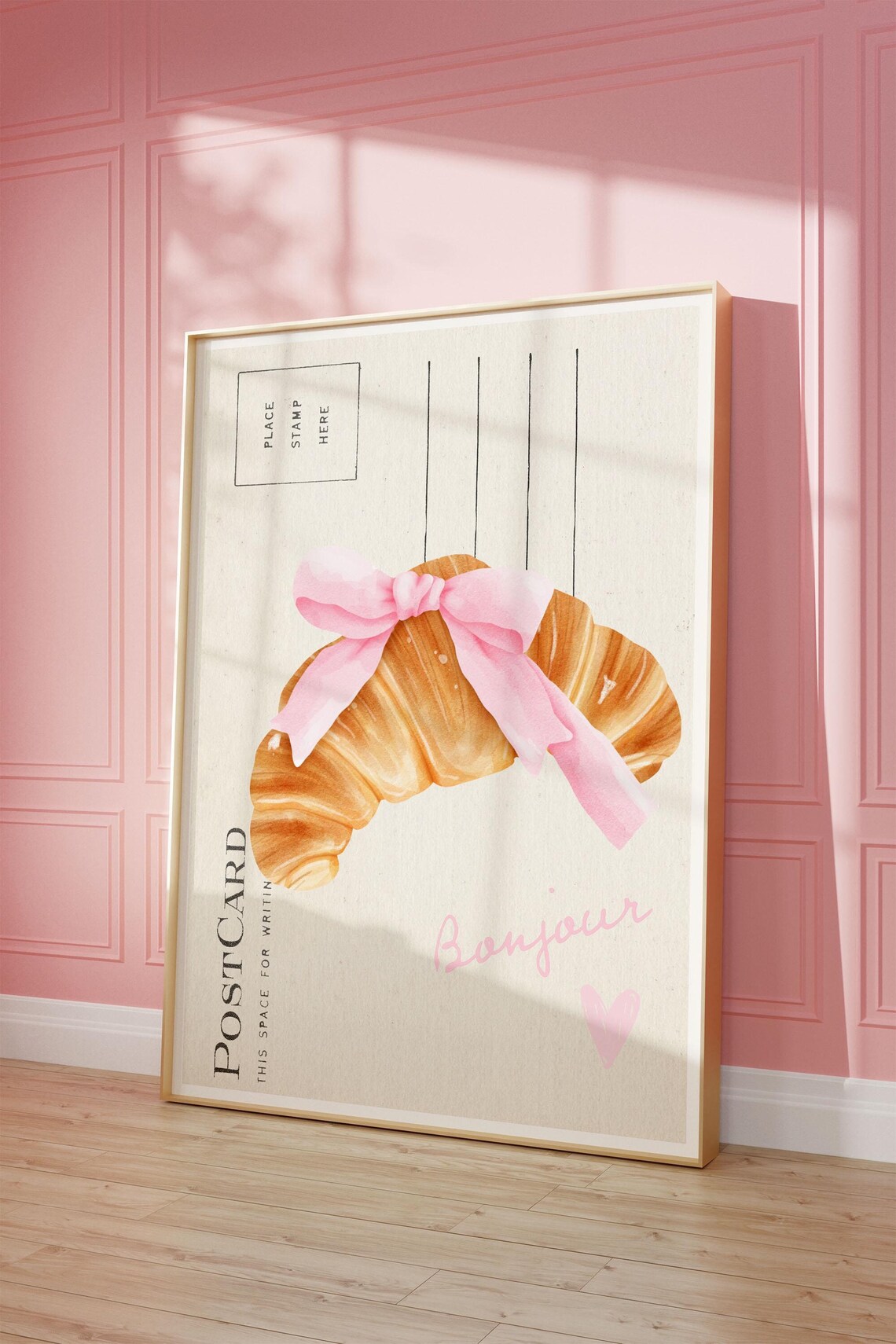 Bonjour Croissant Postcard Poster Pink Bow Coquette Kitchen Paris Decor