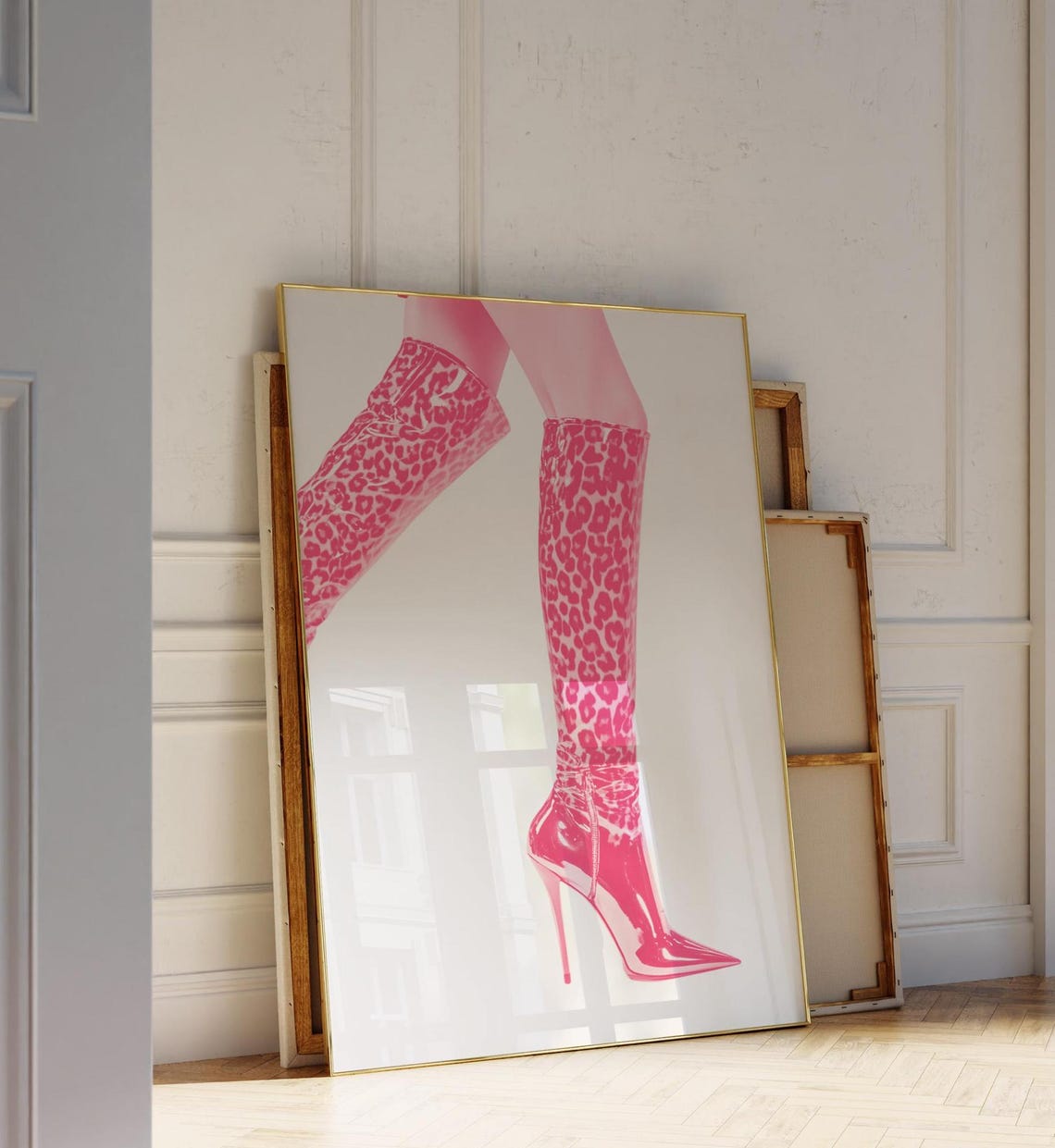 Pink Leopard Stiletto Boots Girly Fashion Poster with Glossy Style - Image 3