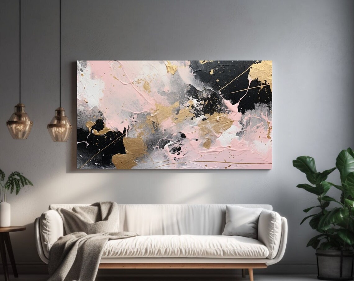 Light Pink Black White Gold Abstract Painting Modern Luxury Wall Art