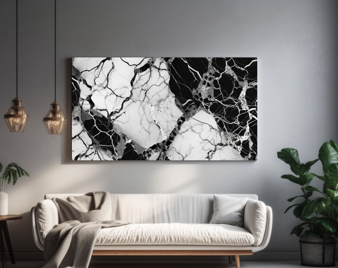 Black White Marble Stone Bold Veins Abstract Monochrome Wall Art