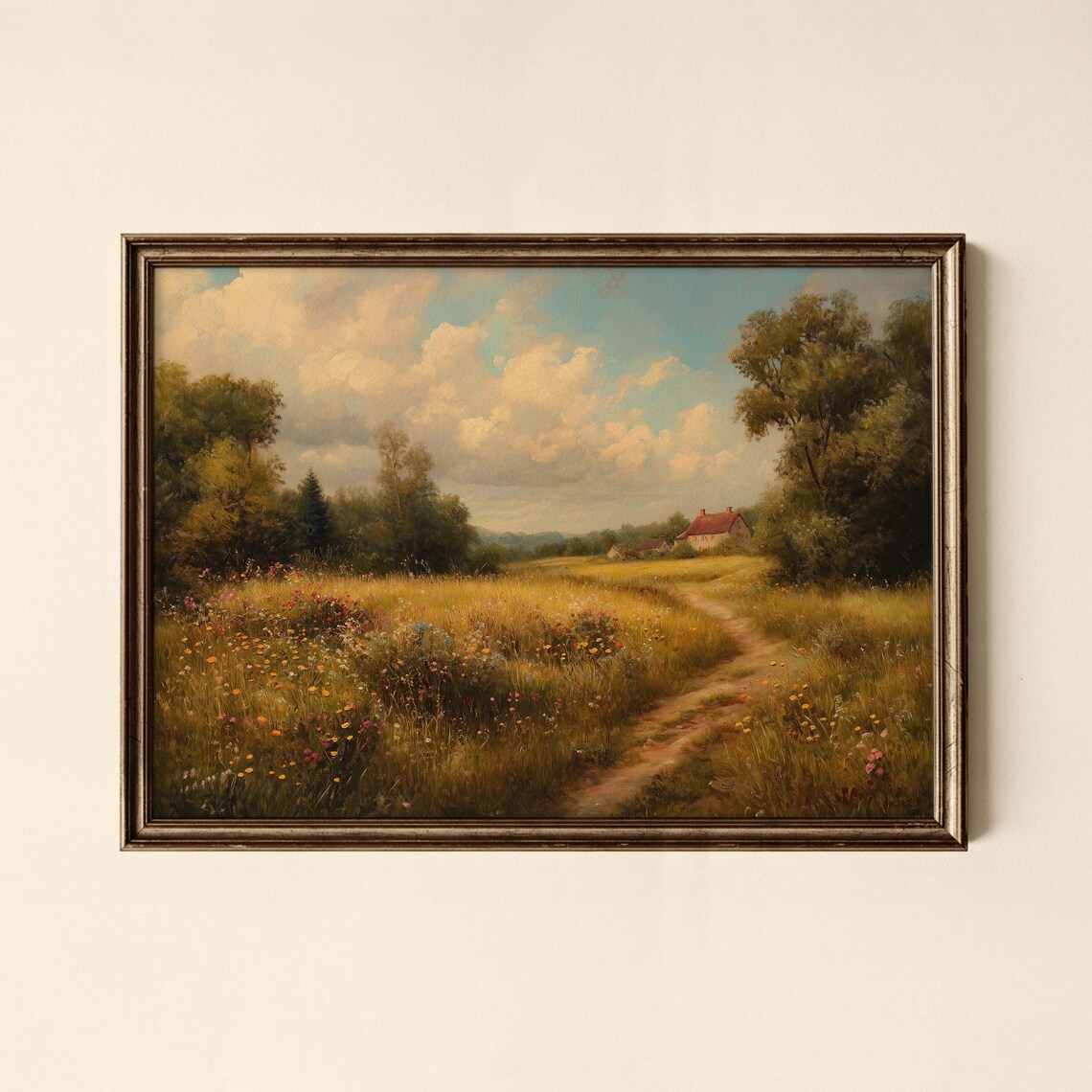 Vintage Countryside Wildflower Meadow Cottage Oil Painting Poster