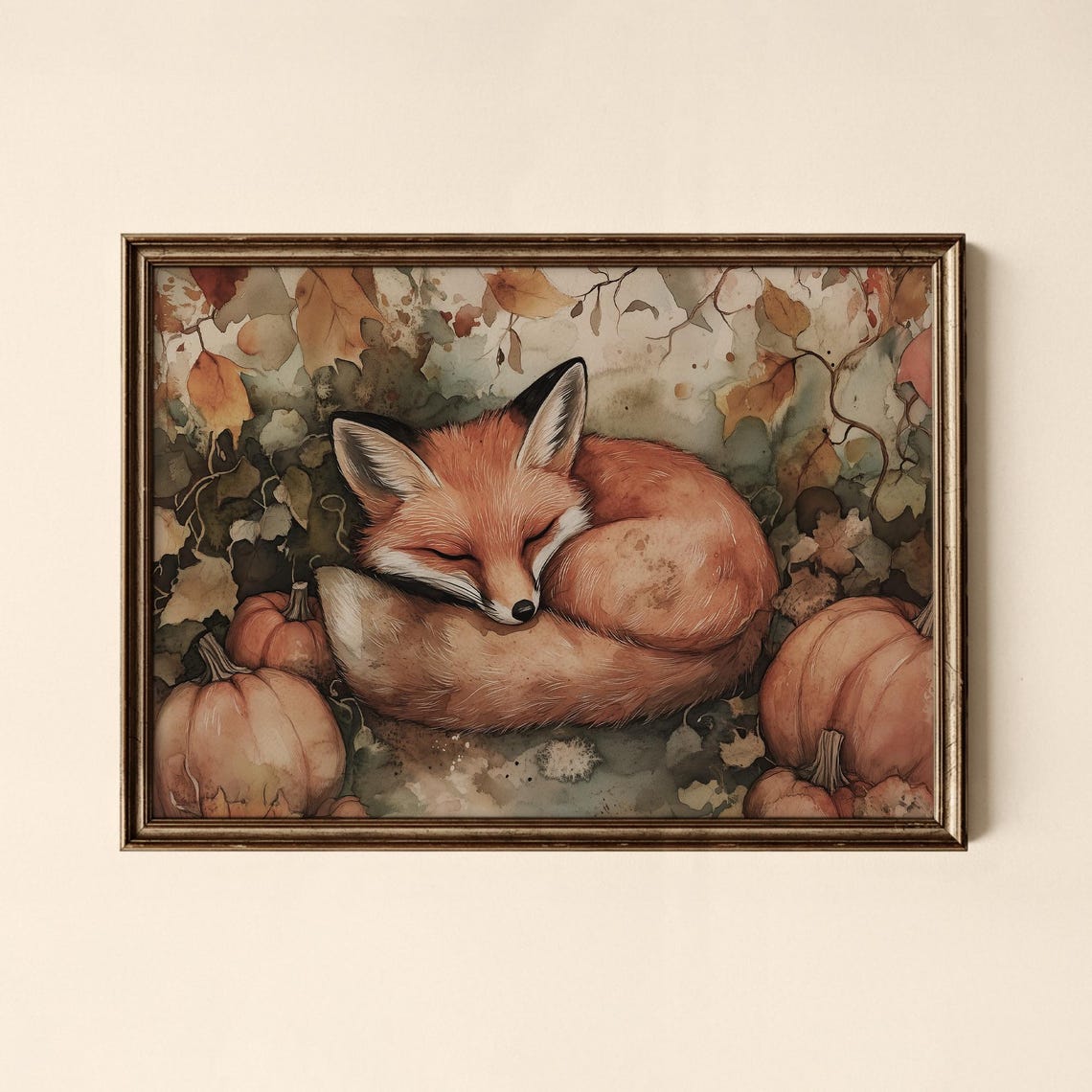 Sleeping Fox Watercolor Art Poster Autumn Pumpkins Cute Wildlife