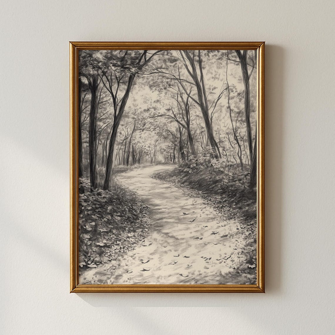 Charcoal Woodland Path Sketch Black and White Forest Art Poster