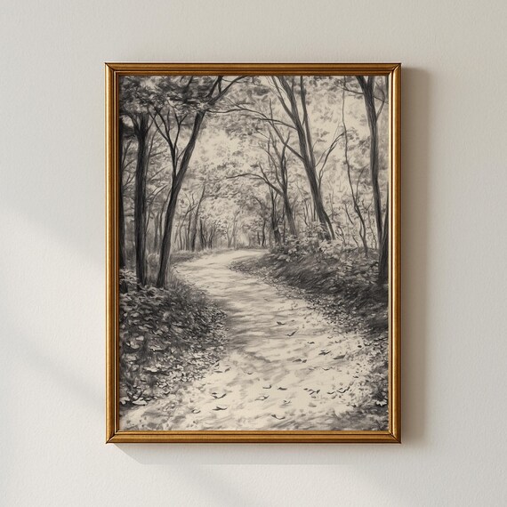 Charcoal Woodland Path Sketch Black and White Forest Art Poster