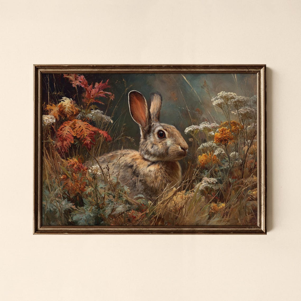 Vintage Rabbit in Autumn Meadow Wildflowers Painting Art Poster