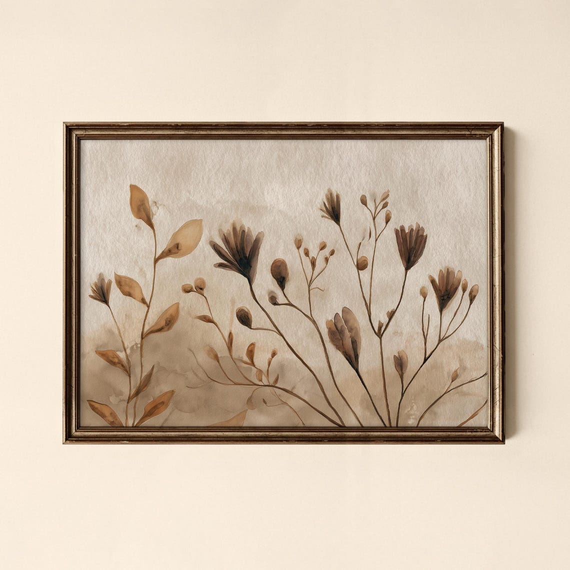 Sepia Wildflower Botanical Artwork with Soft Watercolor Stems Poster