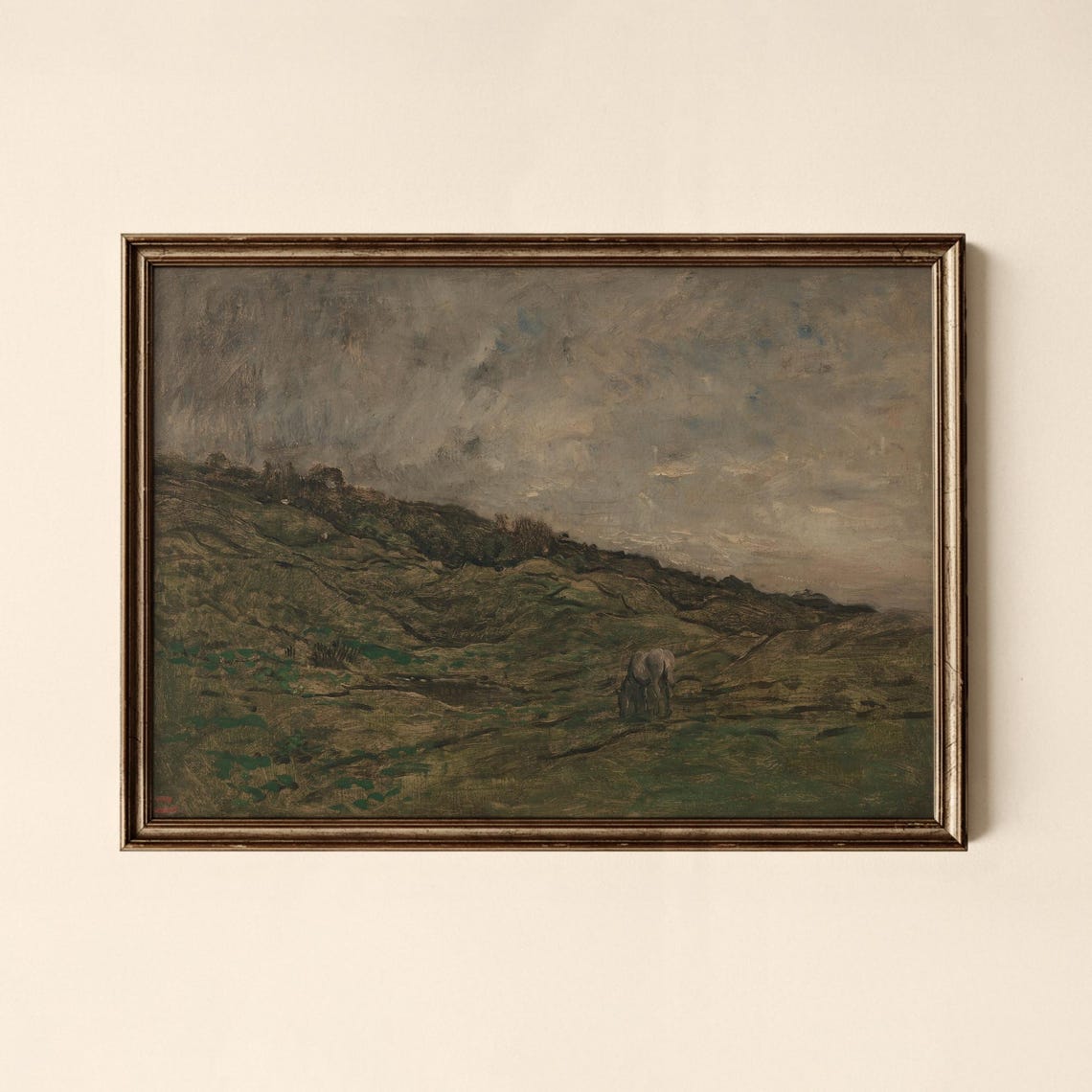 Vintage Grazing Horse Moody Hillside Pasture Equestrian Painting Print