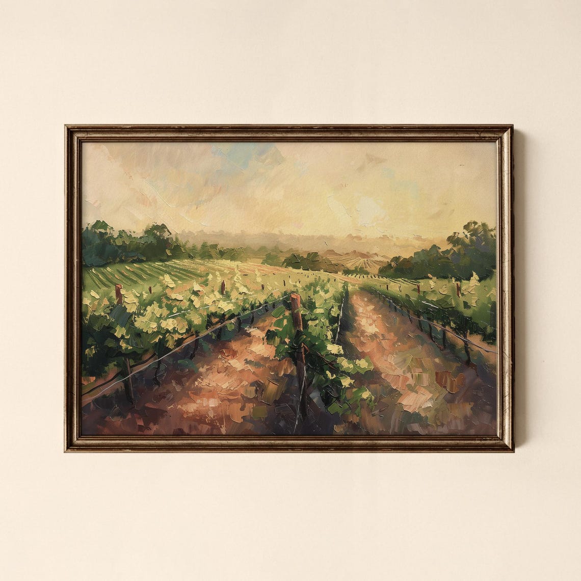 Dawn Light Over Vineyard Rows Hills Glowing Morning Art Poster