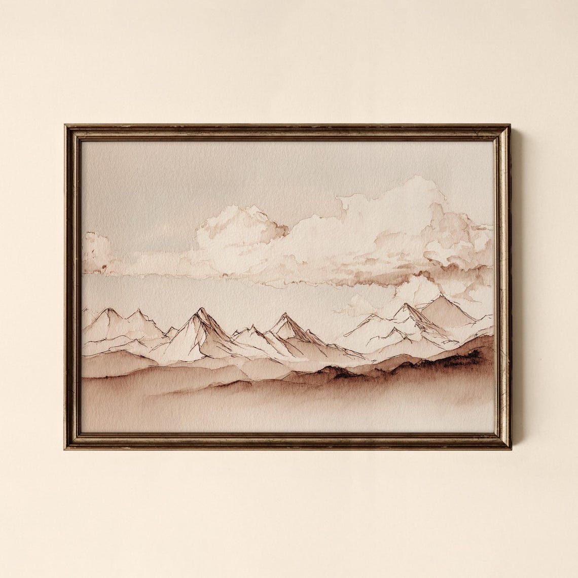 Sepia Vintage Mountain Sketch Poster Minimalist Line Art Peaks