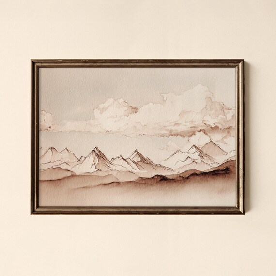 Sepia Vintage Mountain Sketch Poster Minimalist Line Art Peaks