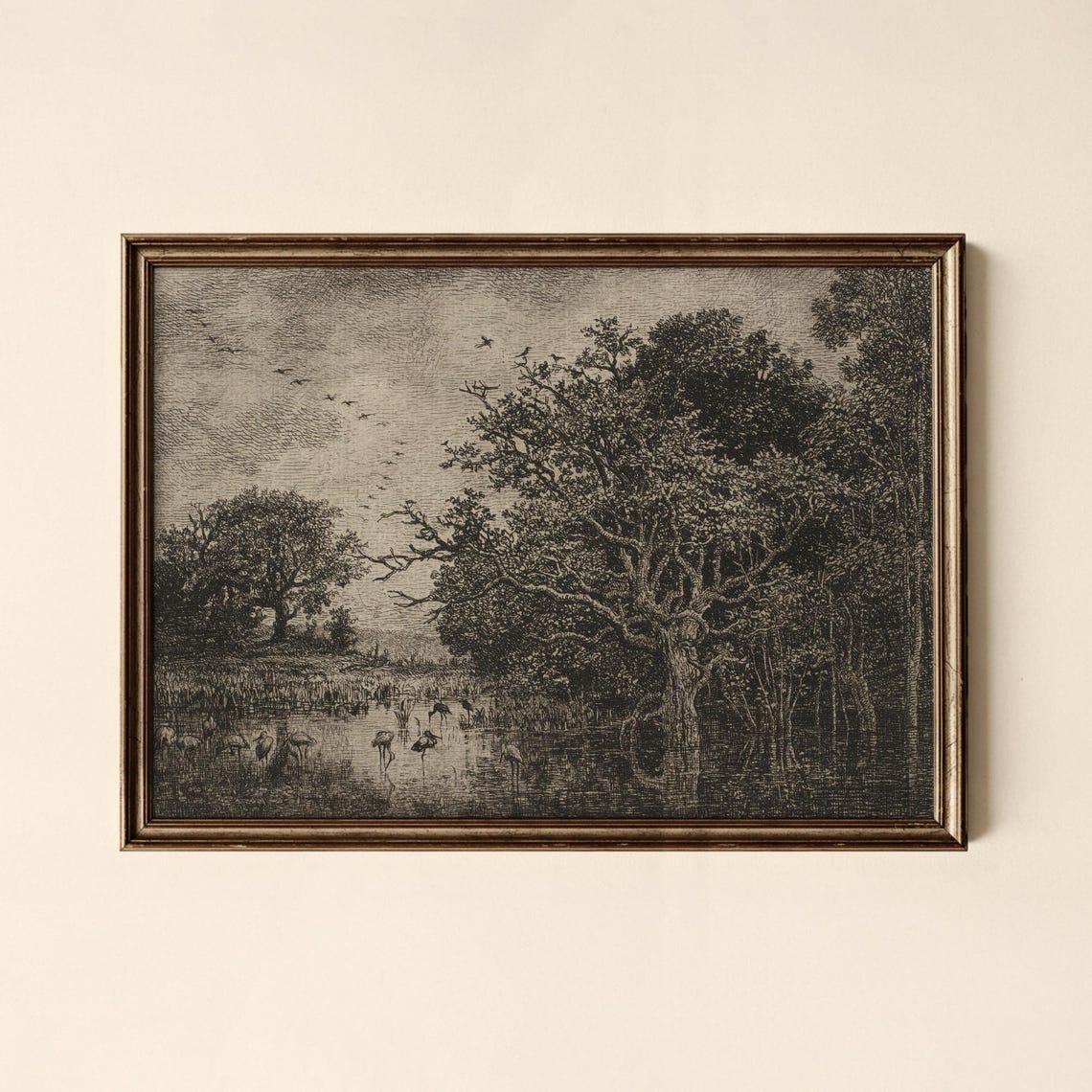 Wading Birds in Marshland Under Great Oak Antique Engraving Print