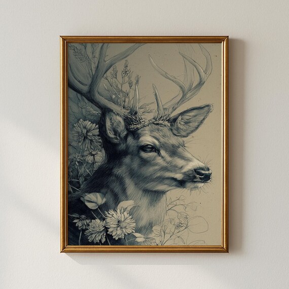 Vintage Autumn Stag Engraving Deer Portrait Woodland Wall Art