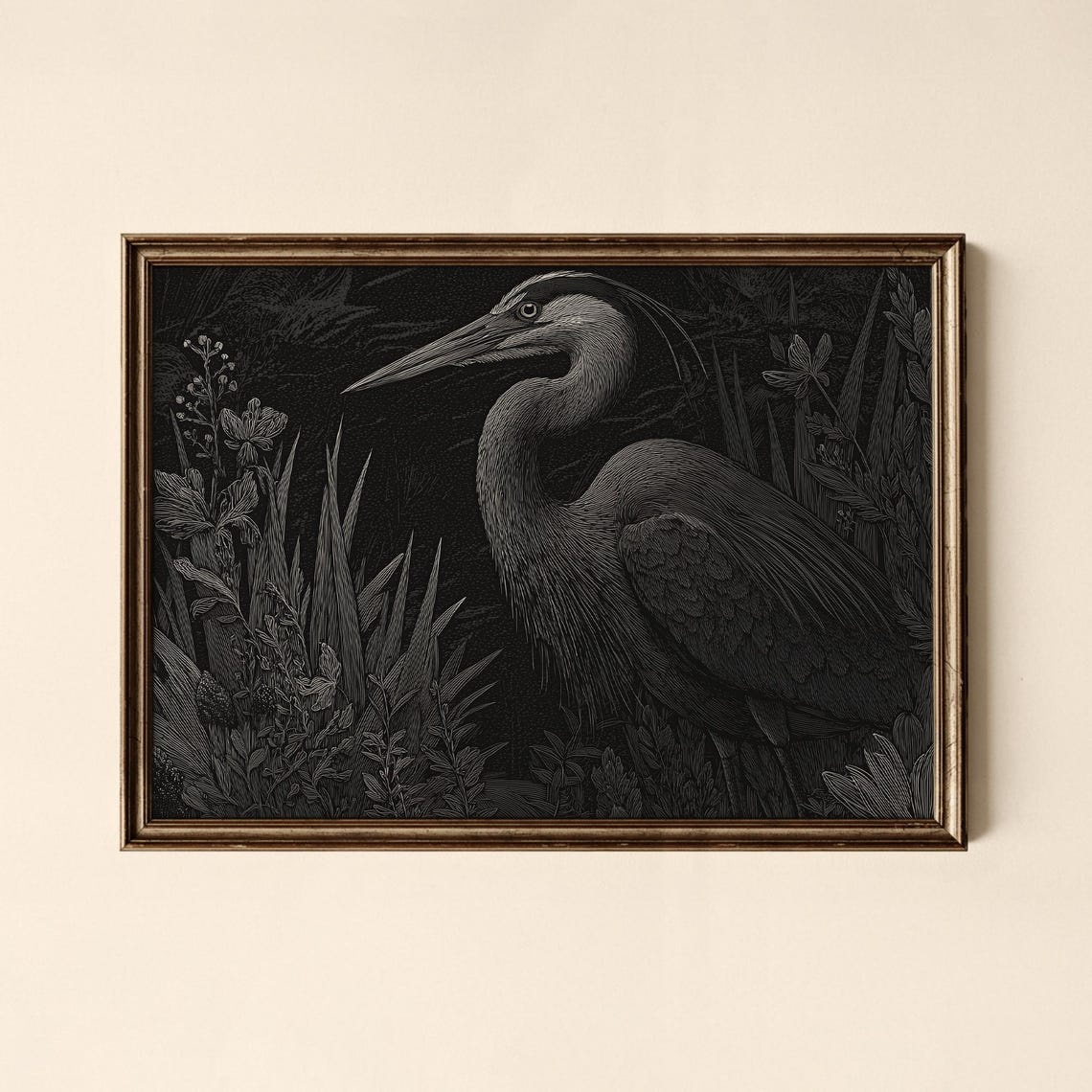 Great Blue Heron Dark Engraving Style Vintage Bird Wall Decor Poster
