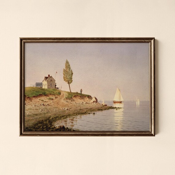 Vintage Coastal Painting Sailboat Cottage Rocky Shore Seascape Print