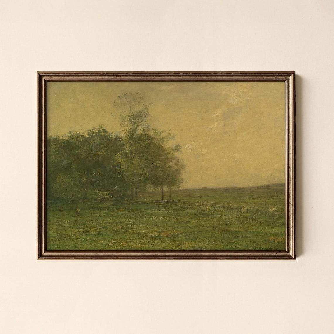 Vintage Green Pasture With Trees in Soft Morning Haze Art Poster
