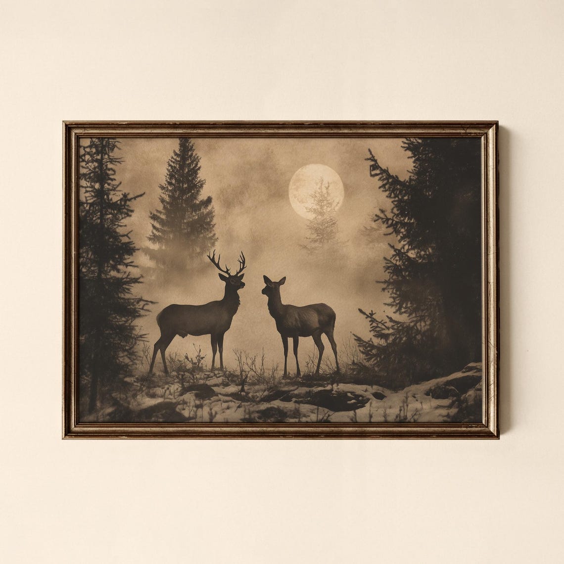 Mist Sepia Stag And Doe Moonlit Forest Vintage Wildlife Art Print