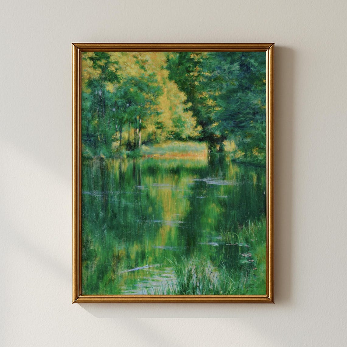 Vintage Forest Reflection Calm Green Woodland Lake Nature Print