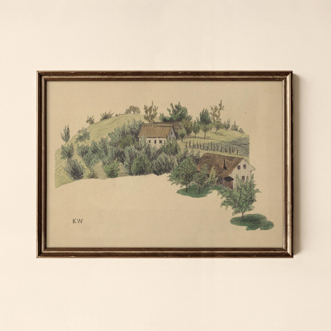 Vintage Hillside Farmhouse Village Ink Drawing Countryside Print