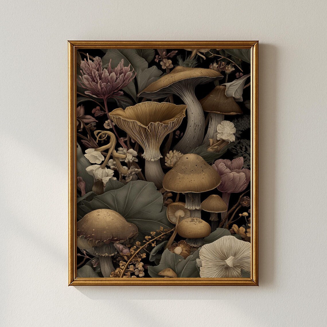 Vintage Mushroom Forest Illustration Dark Botanical Fungi Nature Poster
