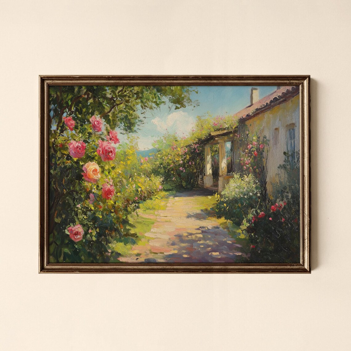 Rose Garden Cottage Path Sunlit Floral Oil Painting Art Poster