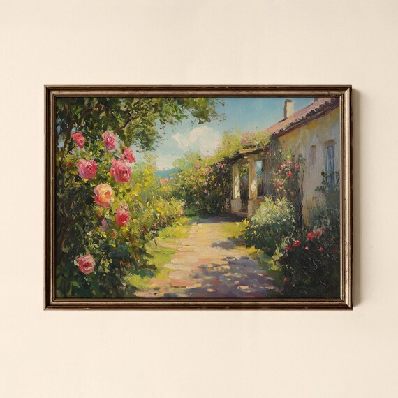 Rose Garden Cottage Path Sunlit Floral Oil Painting Art Poster