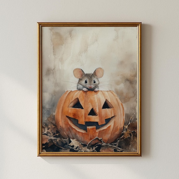 Cute Mouse Peeking Over Jack O Lantern Halloween Watercolor Poster