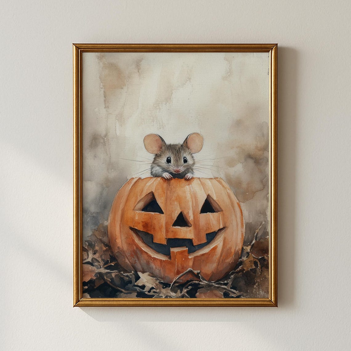 Cute Mouse Peeking Over Jack O Lantern Halloween Watercolor Poster