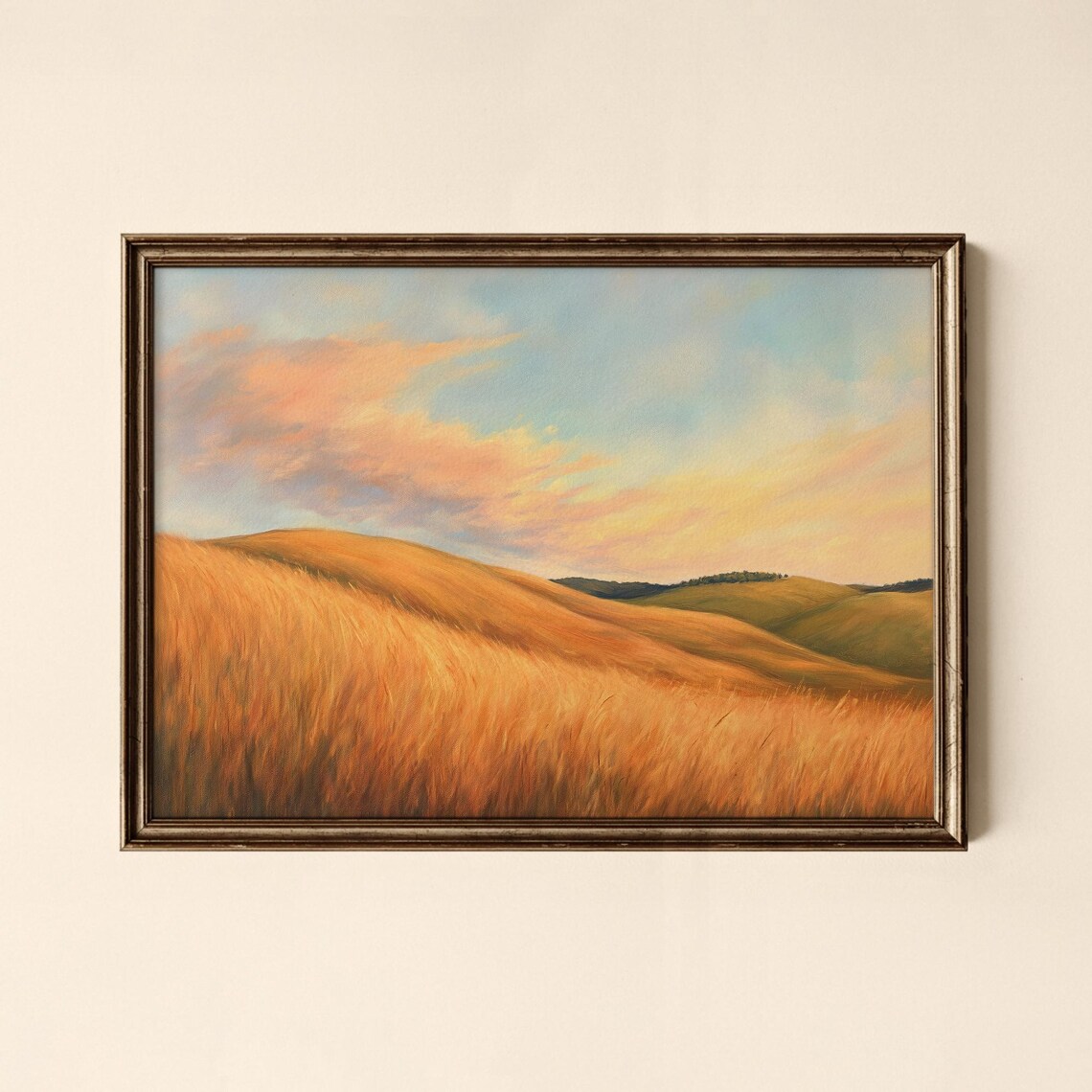 Rustic Golden Wheat Field Hills Sunset Vintage Oil Painting Poster
