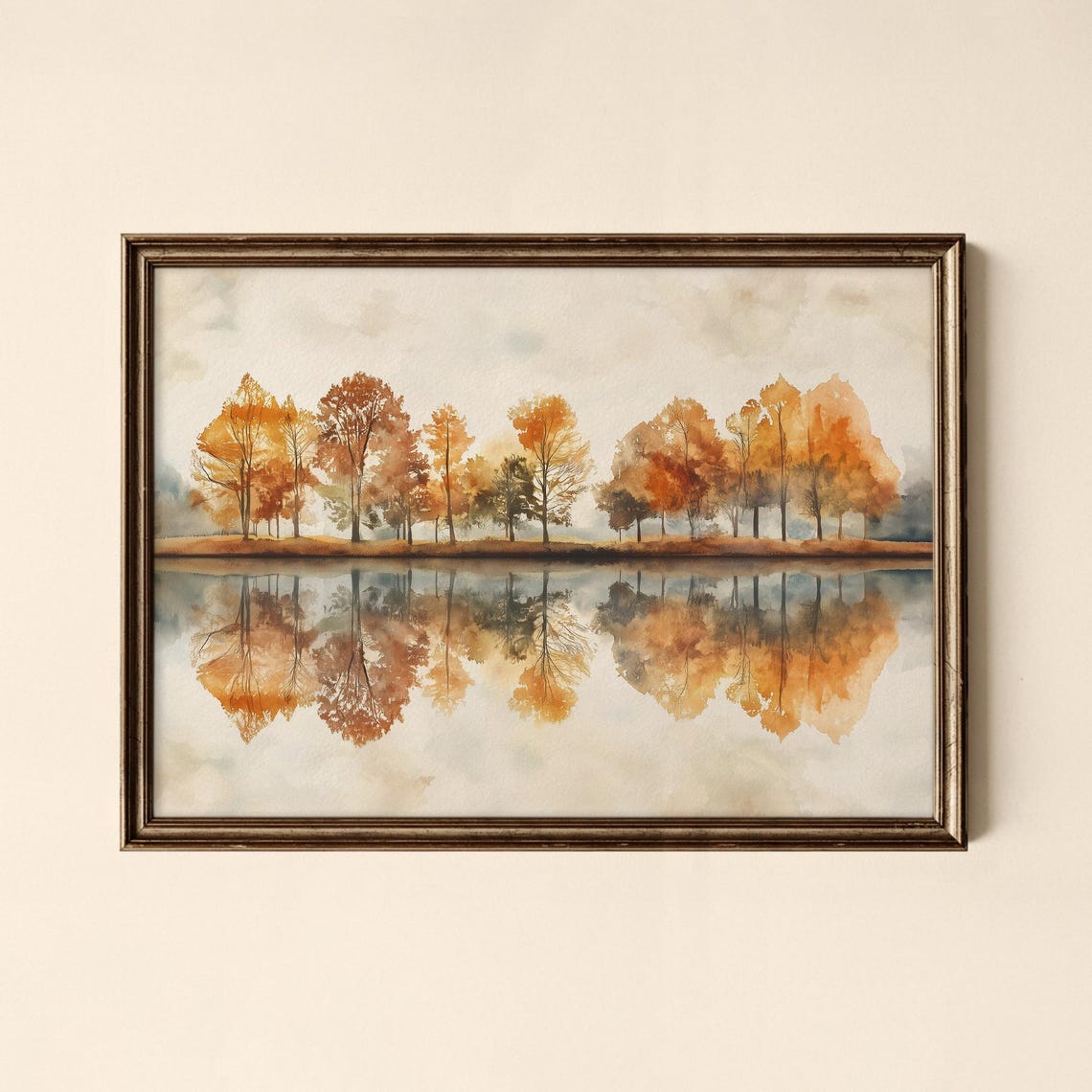 Autumn Trees Lake Reflection Soft Watercolor Fall Landscape Art Poster