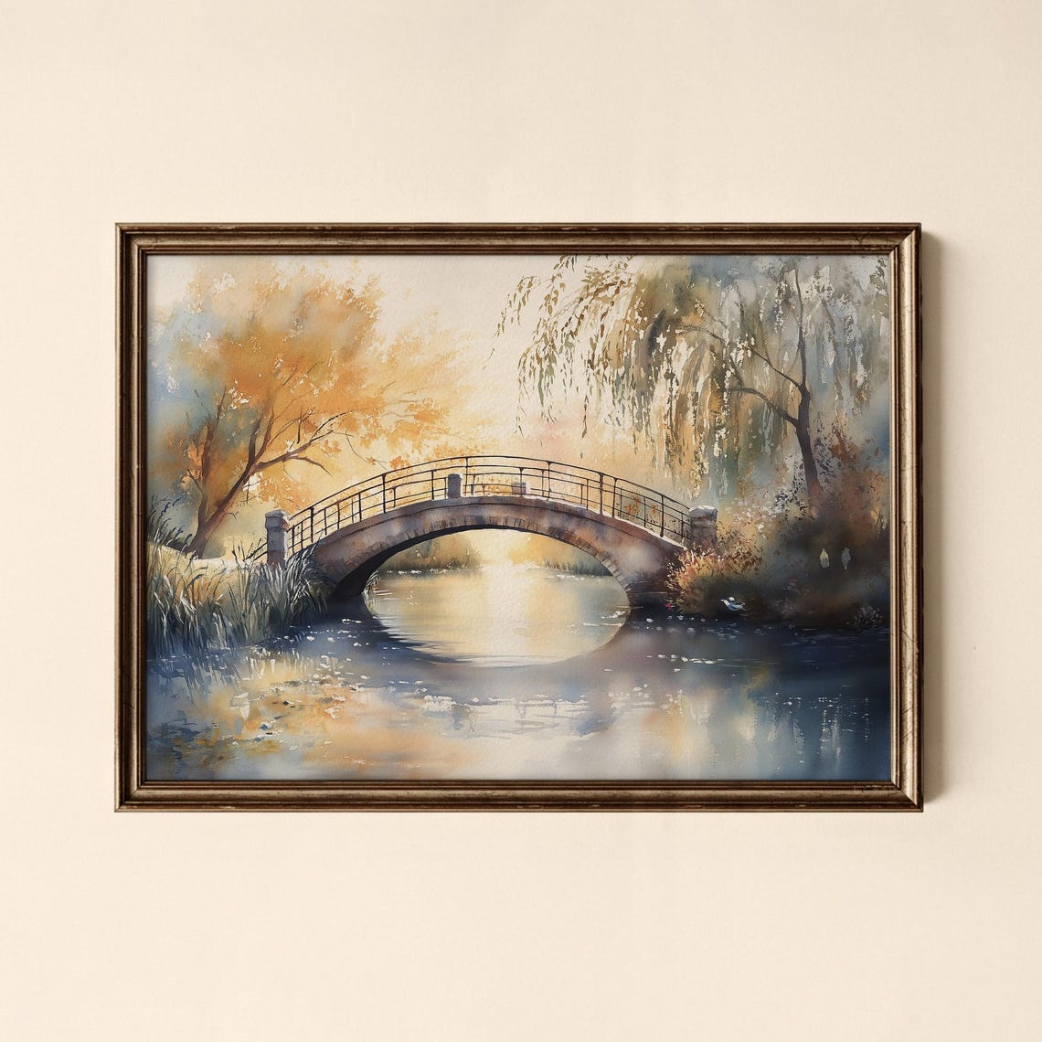 Stone Bridge Over Autumn River Dreamy Watercolor Landscape Poster