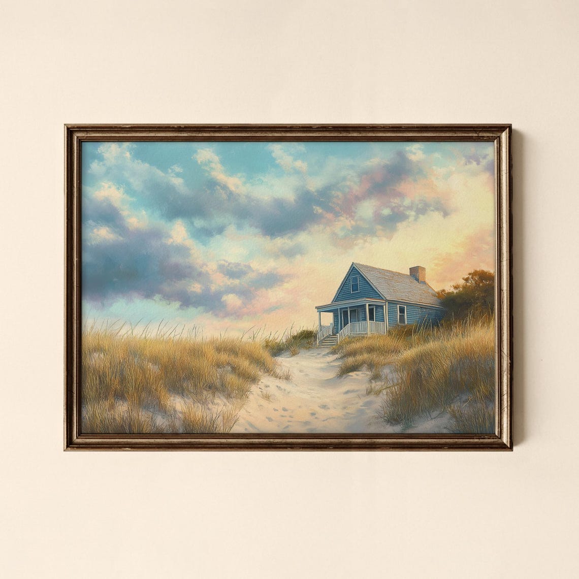 Beach Cottage on Sandy Dunes Sunset Coastal House Landscape Print