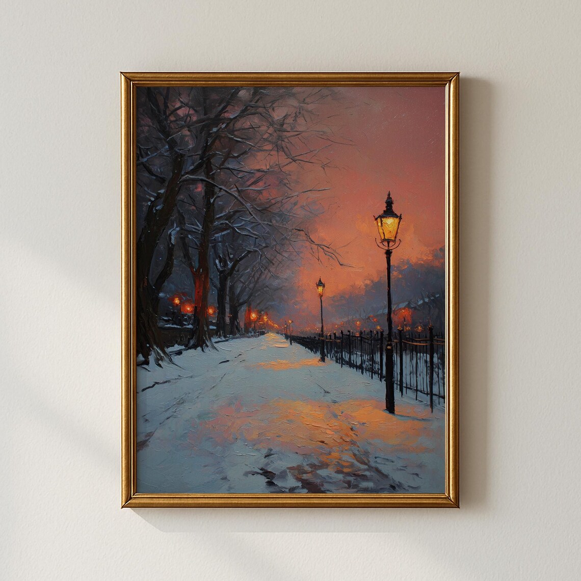 Vintage Winter Landscape Print with Snowy Park Path at Dusk and Lamplight