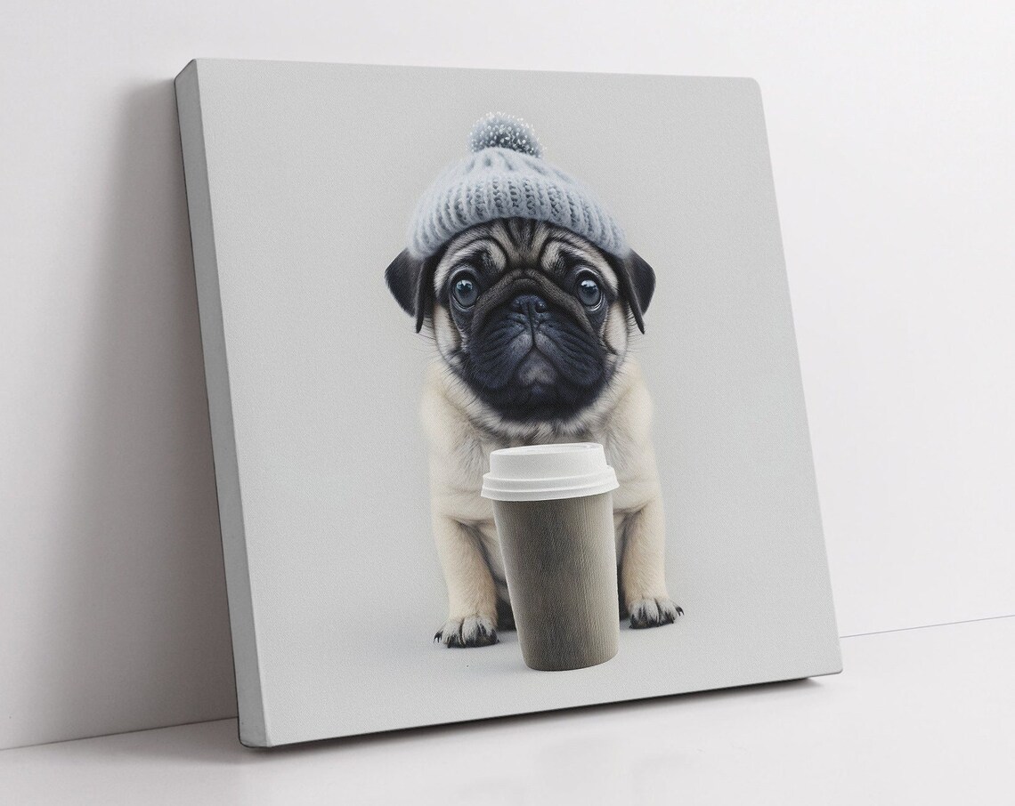 Cute Pug Puppy in Knit Beanie with Coffee Cup Funny Animal Poster - Image 3