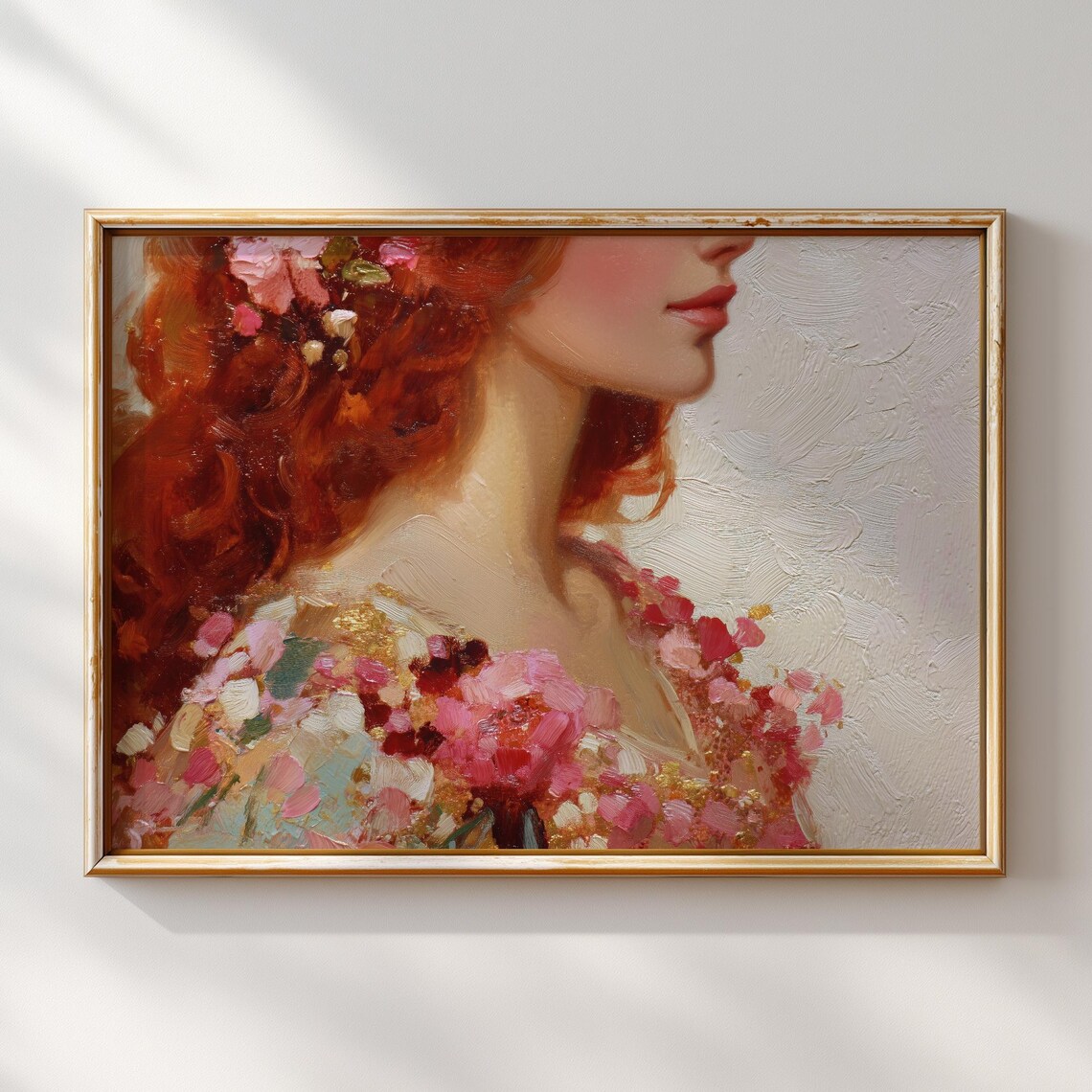 Floral Red Hair Woman Close Profile Romantic Oil Painting Poster