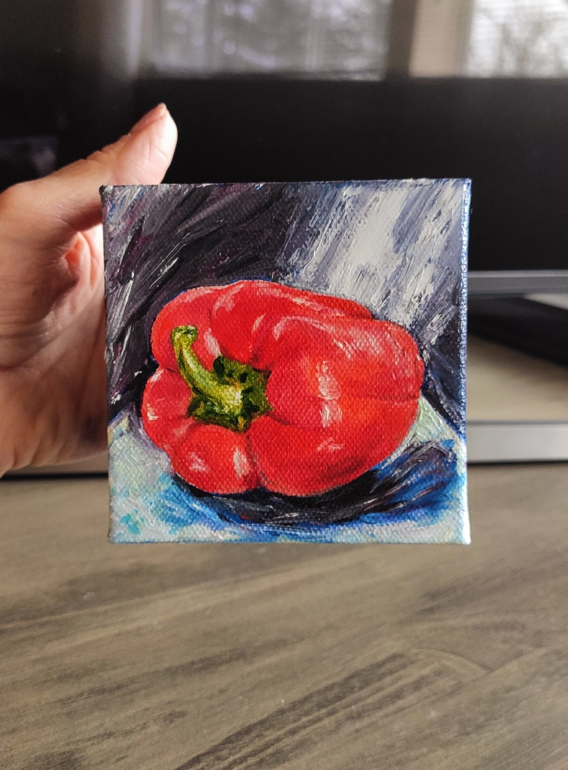 Glossy Red Bell Pepper Oil Painting Dark Background Kitchen Poster - Image 3