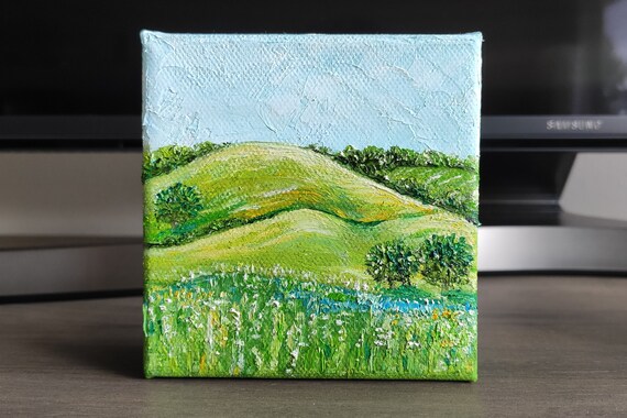 Country Meadow Landscape Original Handmade Oil Painting On 4x4 Rolling Hills Landscape Painting Palouse Fields One Of A Kind Gift