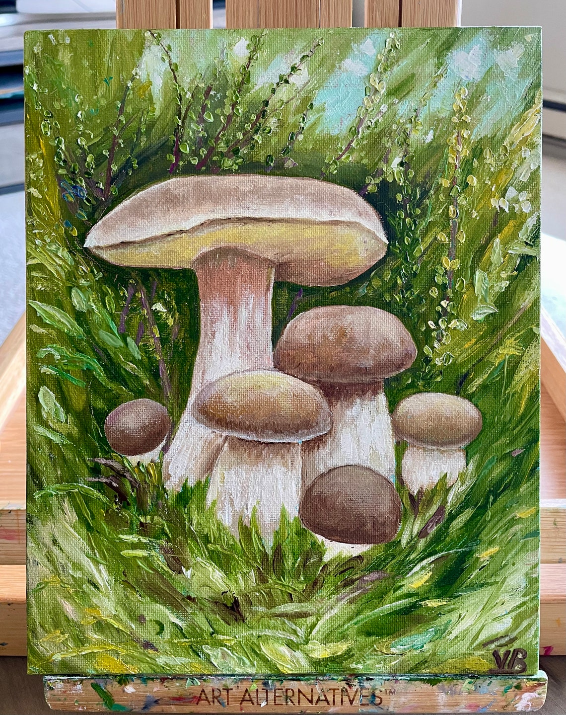 White Mushrooms Original Handmade Oil Painting On Porcini Mushroom Family Painting Small Food Kitchen Art Gift One Of A Kind - Image 2