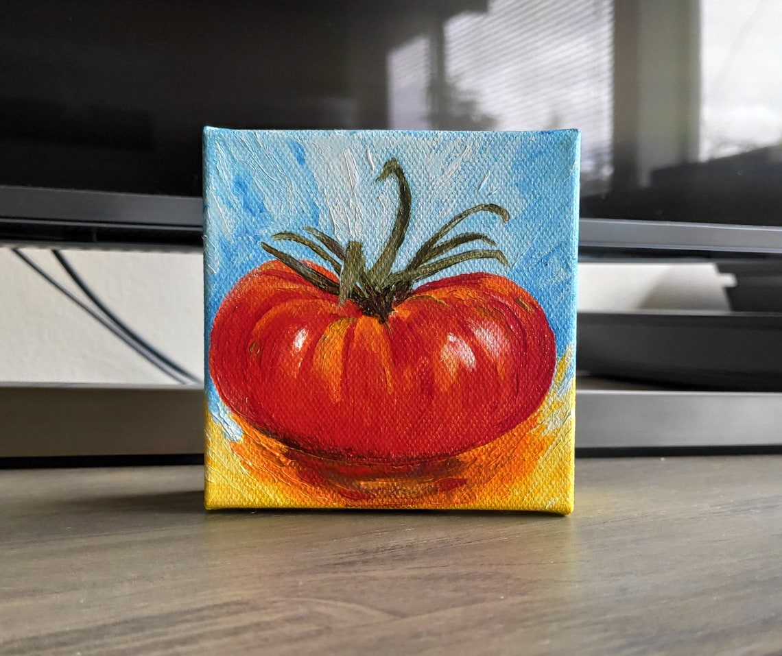 Juicy Red Tomato Blue Yellow Background Tiny Oil Painting Poster - Image 4