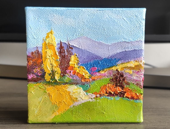 Country Landscape Original Oil Painting On 4x4 Abstract Mountain Fall Painting Rolling Hills Landscape Gallery Wall Art Gift