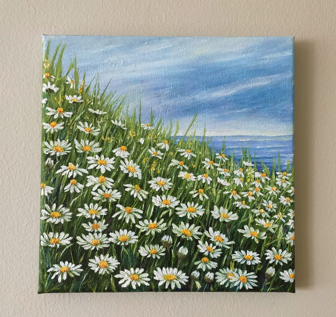 White Daisies Field By The Sea Blue Sky Original Oil Painting Wall Art - Image 3