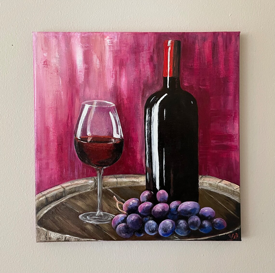 Red Wine Bottle Glass Grapes Still Life Oil Painting Kitchen Wall Art - Image 4