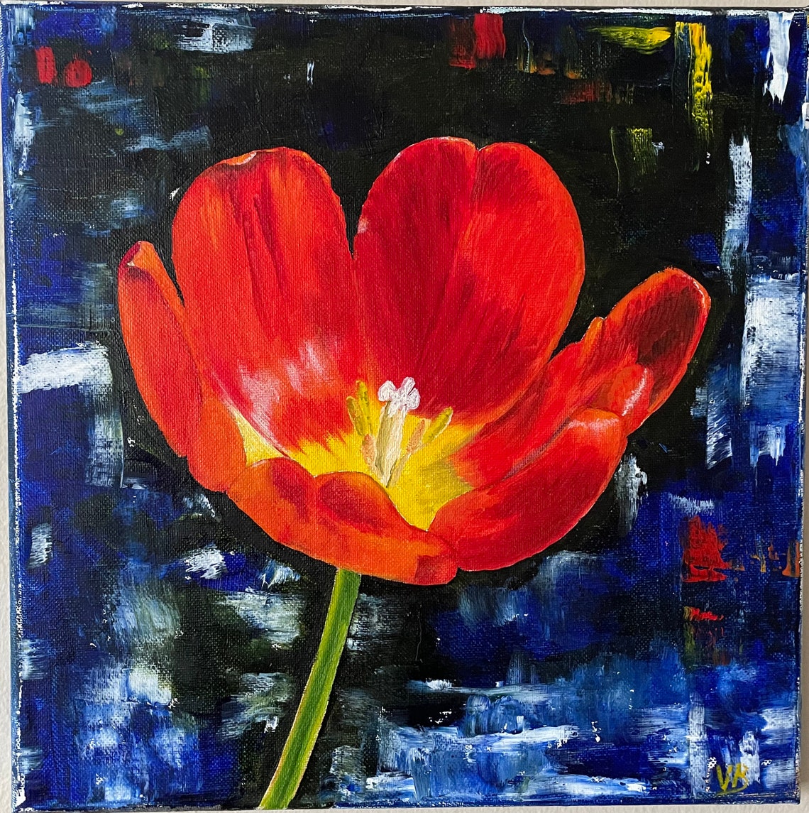 Red Tulip Bloom Dark Blue Abstract Background Dramatic Floral Oil Art - Image 3