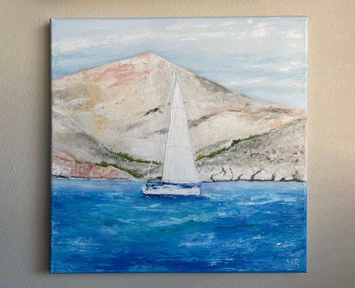Sailboat By Rocky Coastal Mountain Cliffs On Turquoise Sea Art Poster