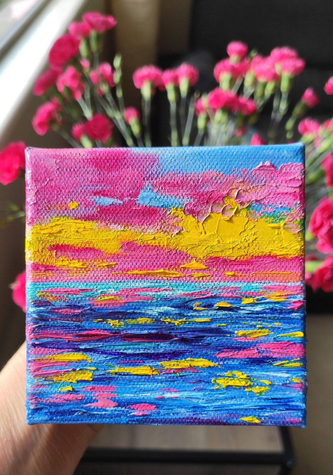 Vibrant Pink Yellow Sunset Over Blue Sea Impasto Seascape Art Poster - Image 2