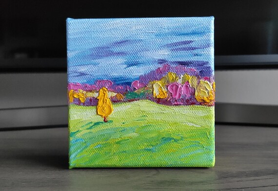 Colorful Abstract Country Landscape Green Field Pink Trees Mini Poster