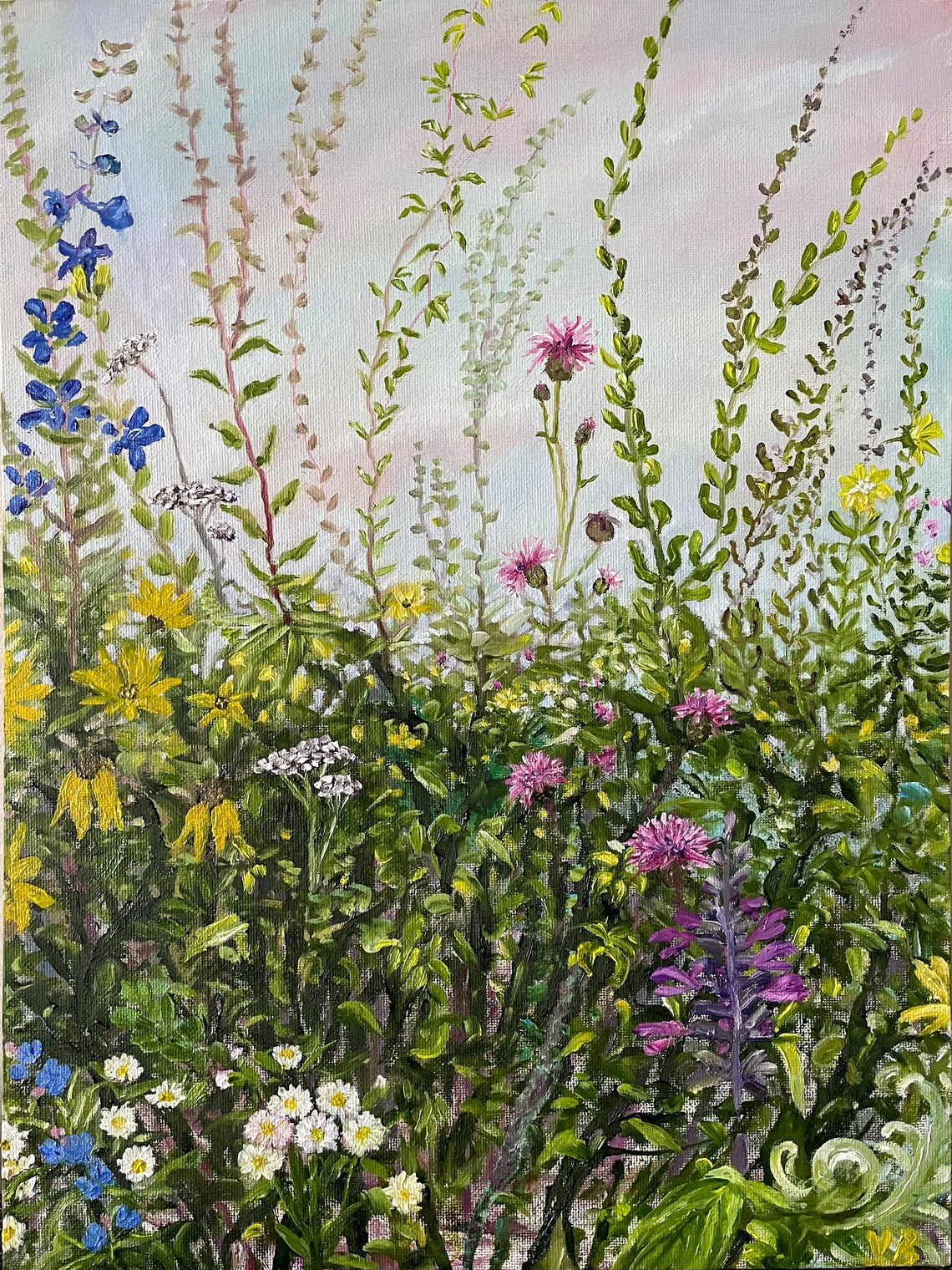 Wildflower Meadow Blue Larkspur Yellow Blooms Valley Oil Painting Art - Image 4